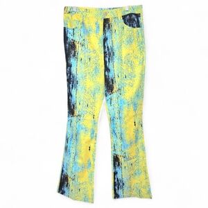 Finesse Womens L Yellow and Blue Wide Leg Bell Bottom Pants Pockets Y2K